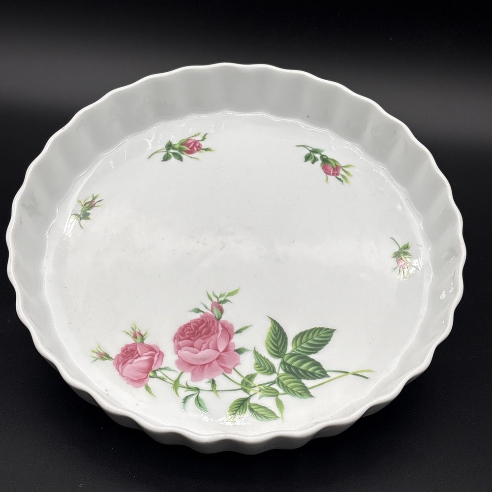 Vintage Christineholm Porcelain Rose Tart Pan 9.5" Fluted Quiche Baking Dish